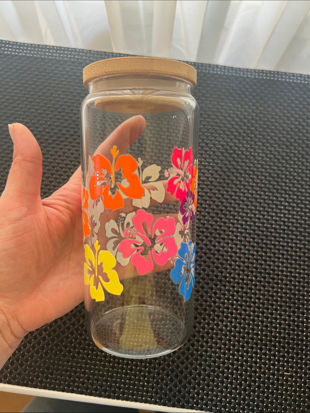 Clear Glass Water Bottle with Multicolor Floral Print and Tan Lid